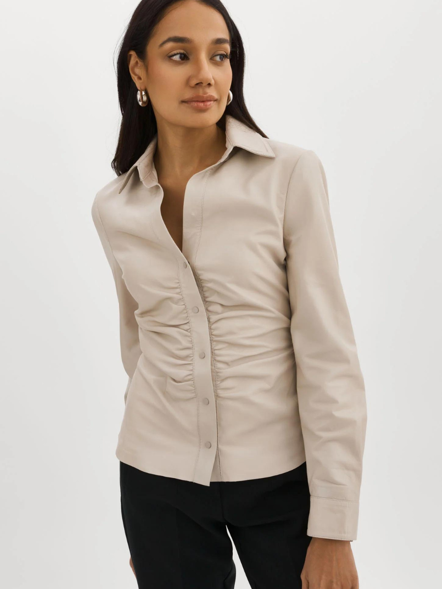 HUDA LONG SLV LEATHER SHIRT OATMEAL